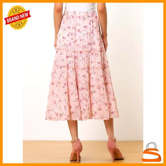 Chiffon A-Line Midi Skirt Floral Print Ruffle Tiered Loose Fit Elastic Waist - Picture 4 of 7